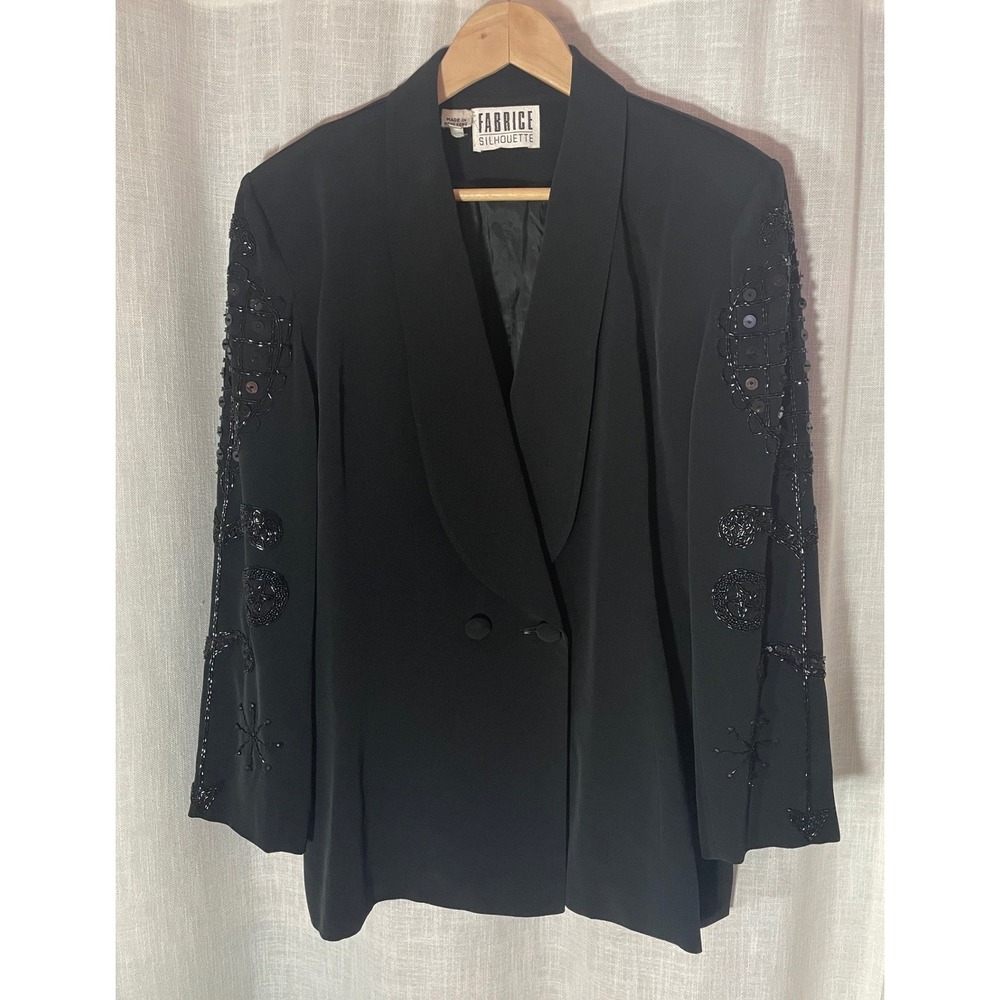 Vintage 80s Fabrice Silhouette Beaded Black Evening‎ Blazer Sparkly Jacket 12
